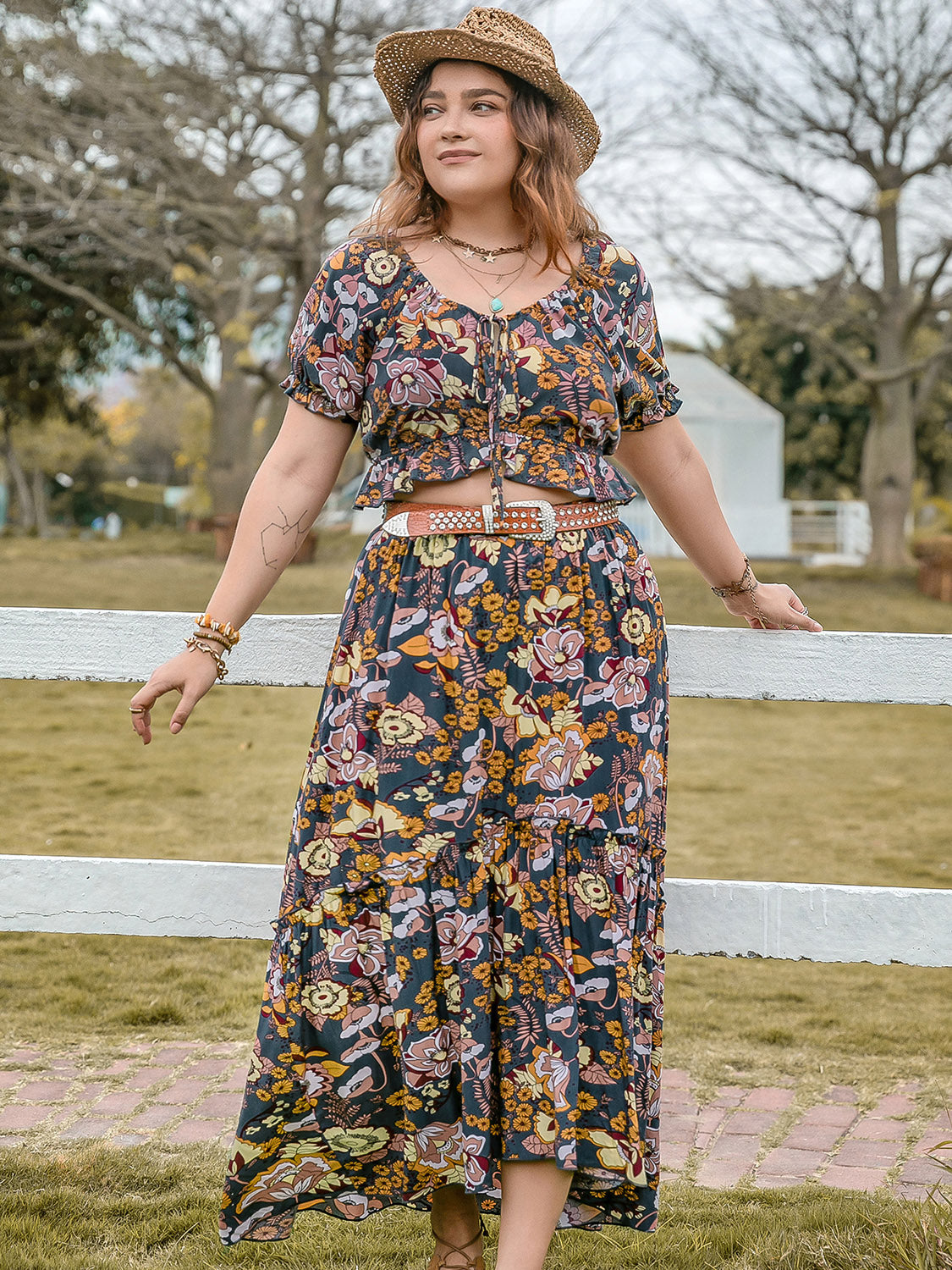 Plus Size Tie Neck Short Sleeve Top and Skirt Set Multicolor Women&