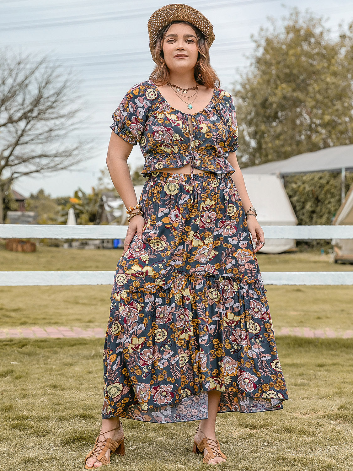 Plus Size Tie Neck Short Sleeve Top and Skirt Set Multicolor Women&