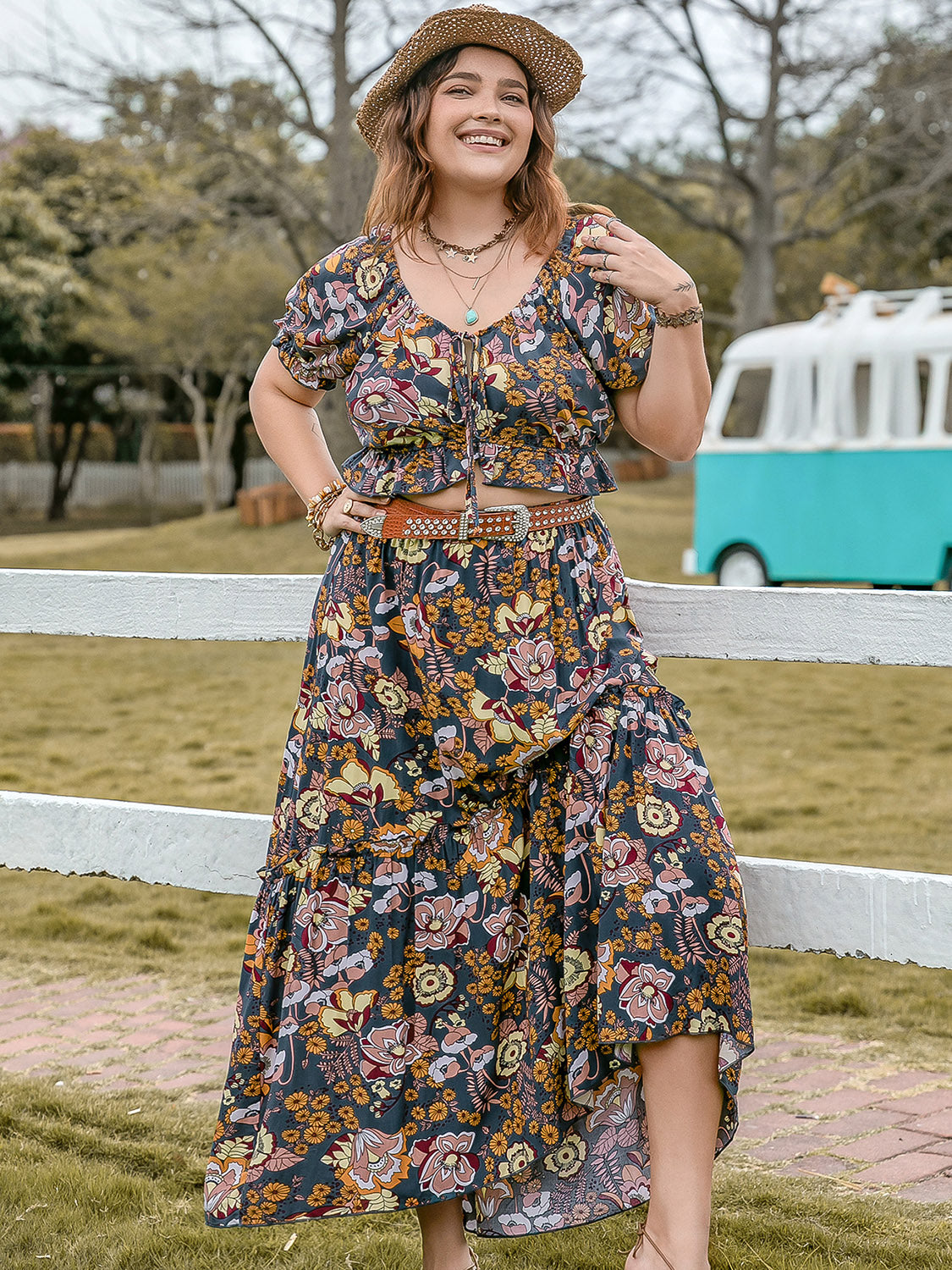 Plus Size Tie Neck Short Sleeve Top and Skirt Set Multicolor Women&