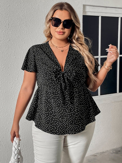 Plus Size V-Neck Front Bow Flutter Sleeve Blouse Black by Trendsi | Fleurcouture