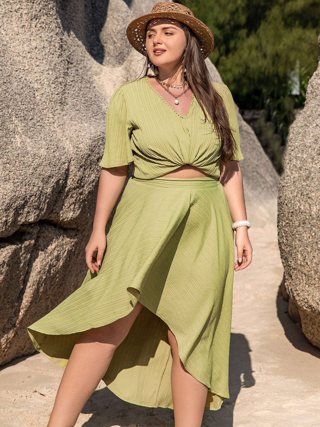 Plus Size V-Neck Half Sleeve Top and High-Low Skirt Set Yellow-Green 0XL Plus Size by Trendsi | Fleurcouture