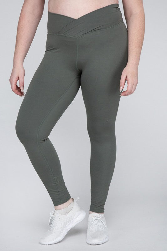 Plus Size V Waist Full Length Leggings Grey Sage 1X by Rae Mode | Fleurcouture