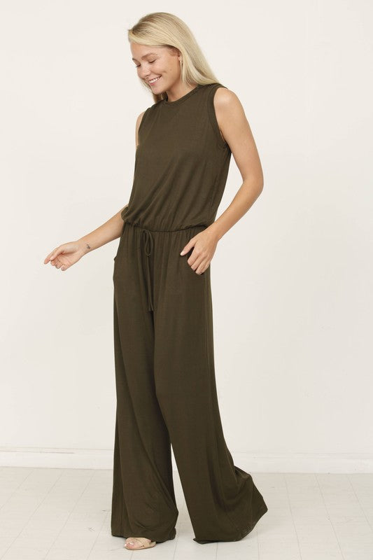 plus solid draw string pocket jumpsuit olive 1X by EG fashion | Fleurcouture