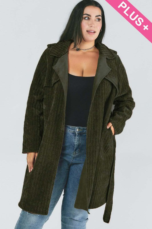 Plus Solid Long Sleeve Coat Olive 1XL by Davi &amp; Dani | Fleurcouture