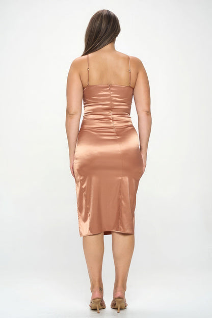 Plus Solid Satin Front Knot Bodycon Midi Dress by Fleurcouture | Fleurcouture