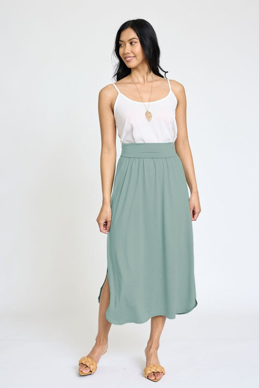 Plus Solid Side Slit Midi Skirt by EG fashion | Fleurcouture