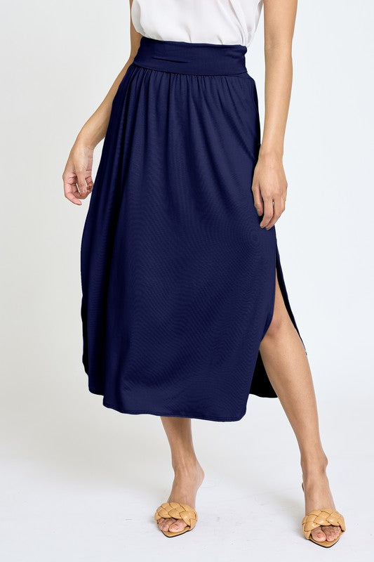 Plus Solid Side Slit Midi Skirt Navy 1X by EG fashion | Fleurcouture