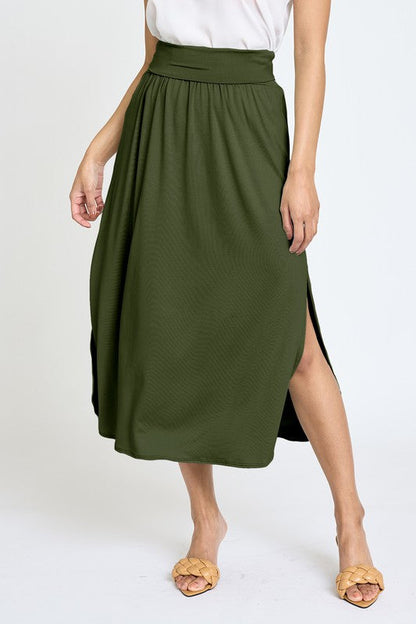 Plus Solid Side Slit Midi Skirt olive 1X by EG fashion | Fleurcouture