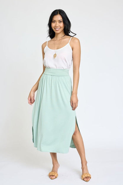 Plus Solid Side Slit Midi Skirt sage 1X by EG fashion | Fleurcouture