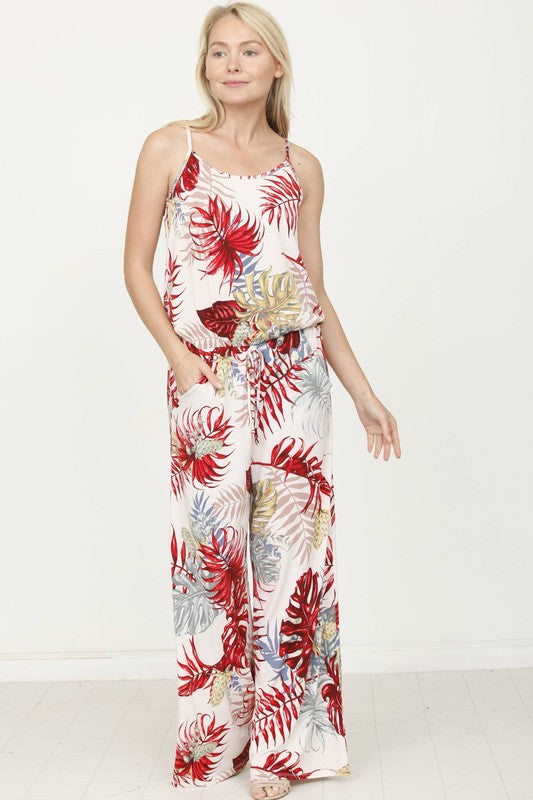 Plus Tropical Spaghetti Strap Jumpsuit Ivory/ Red Leaf 1X by EG fashion | Fleurcouture
