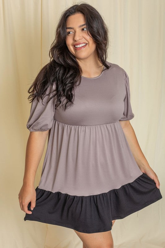 Plus Two Tone Tiered Mini Dress MOCHA BLACK 1X by EG fashion | Fleurcouture