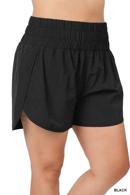 Plus Windbreaker Smocked Waistband Running Shorts BLACK 1X by ZENANA | Fleurcouture