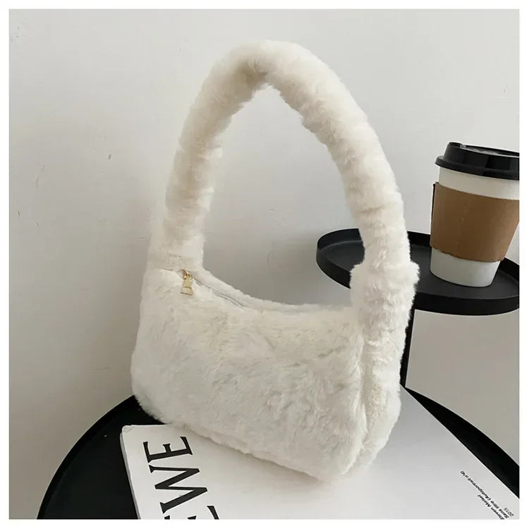 Plush Shoulder Bags for Femme Luxury Designer Soft Winter Ladies Clutch Purse Handbag Cute Fashion Female Party Underarm Bag White by Fleurcouture | Fleurcouture