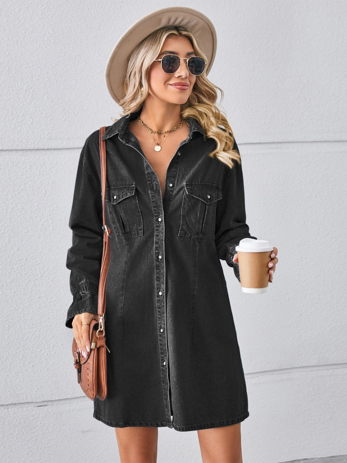 Pocketed Dropped Shoulder Mini Denim Dress Black S Dresses by Trendsi | Fleurcouture