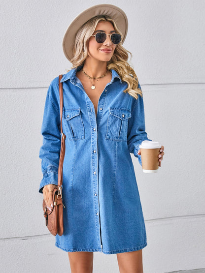 Pocketed Dropped Shoulder Mini Denim Dress Dusty Blue S Dresses by Trendsi | Fleurcouture