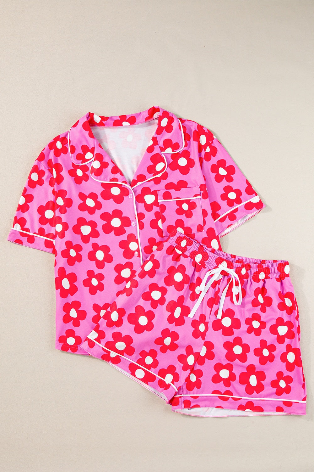 Pocketed Flower Half Sleeve Top and Shorts Lounge Set Hot Pink S Loungewear by Trendsi | Fleurcouture