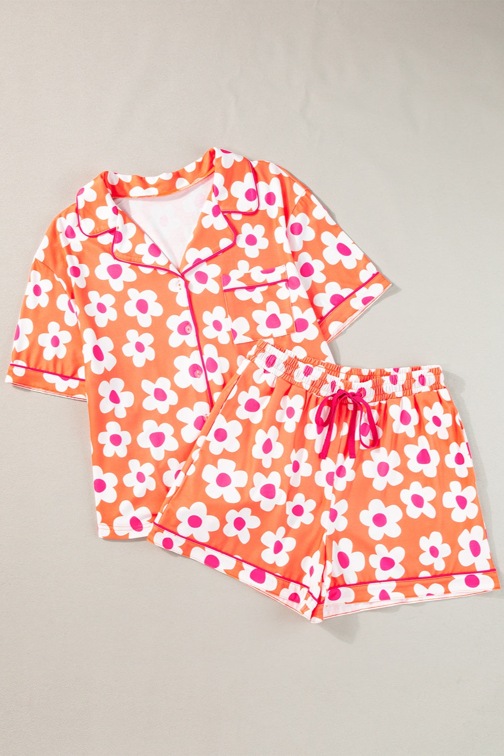 Pocketed Flower Half Sleeve Top and Shorts Lounge Set Orange M Loungewear by Trendsi | Fleurcouture