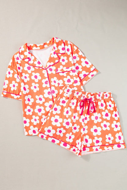 Pocketed Flower Half Sleeve Top and Shorts Lounge Set Orange M Loungewear by Trendsi | Fleurcouture