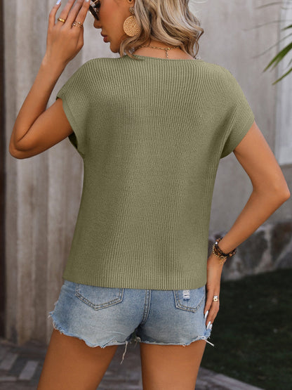 Pocketed Round Neck Cap Sleeve Sweater Tops by Trendsi | Fleurcouture