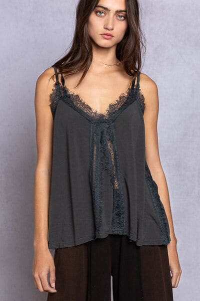 POL Lace Detail V-Neck Cami Charcoal S by Trendsi | Fleurcouture