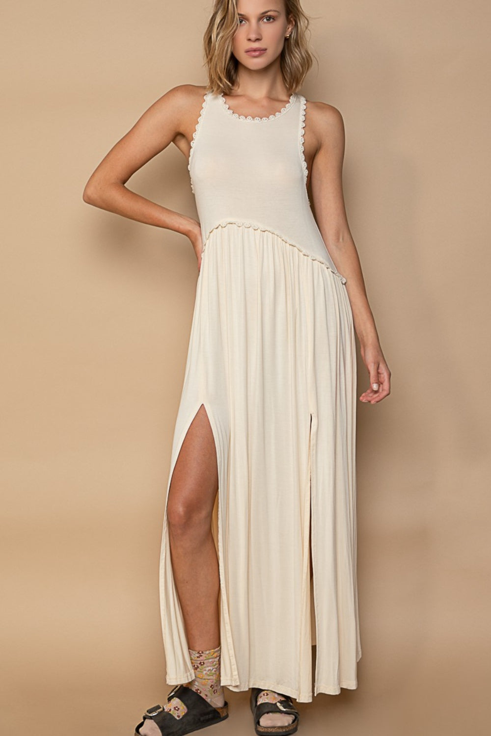 POL Sleeveless Back Zipper Front Slit Maxi Dress Cream S Women&