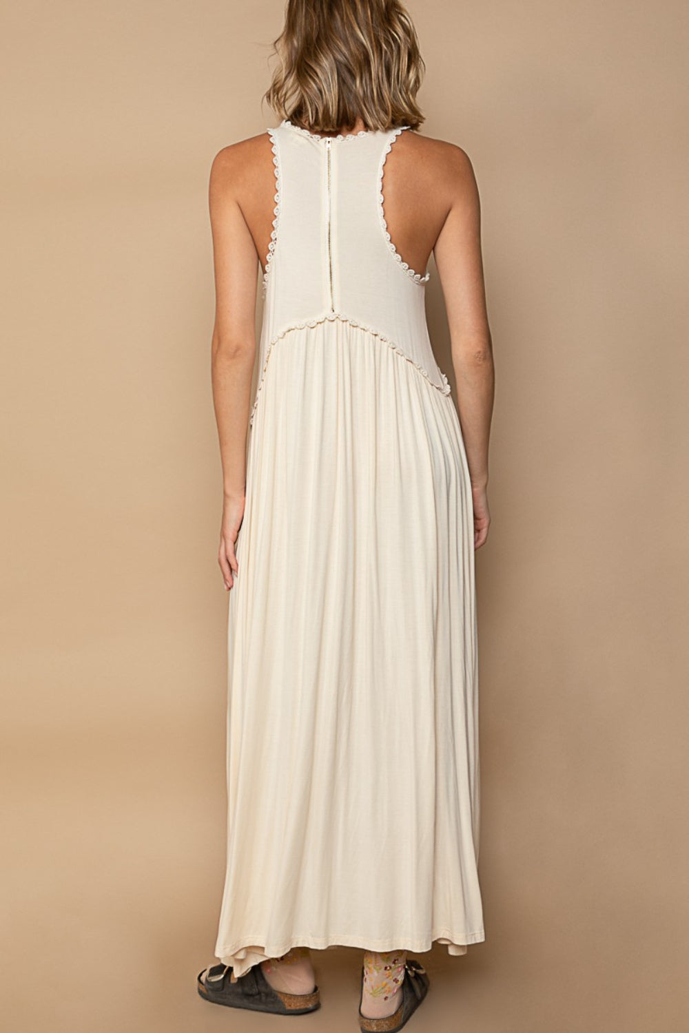 POL Sleeveless Back Zipper Front Slit Maxi Dress Cream Women&