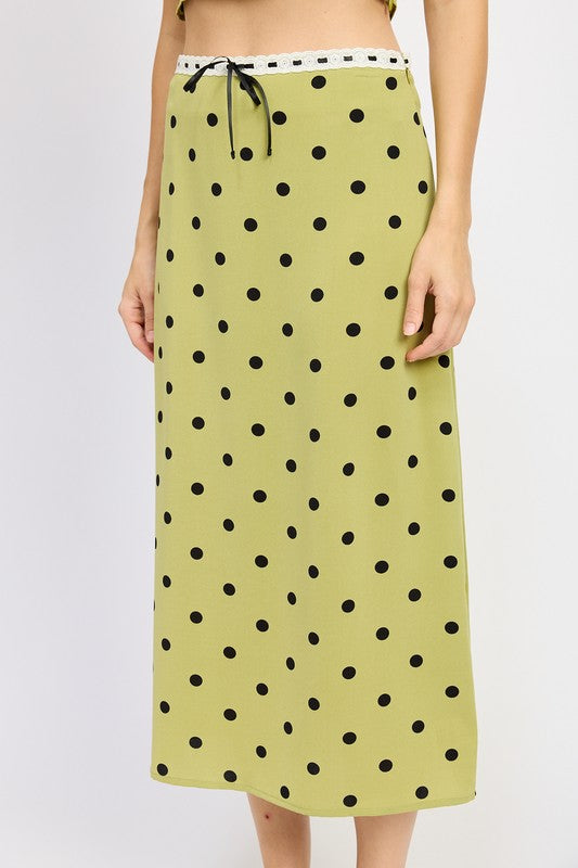 POLKA DOT MIDI SKIRT WITH LACE TRIM OLIVE POLKA DOT by Emory Park | Fleurcouture