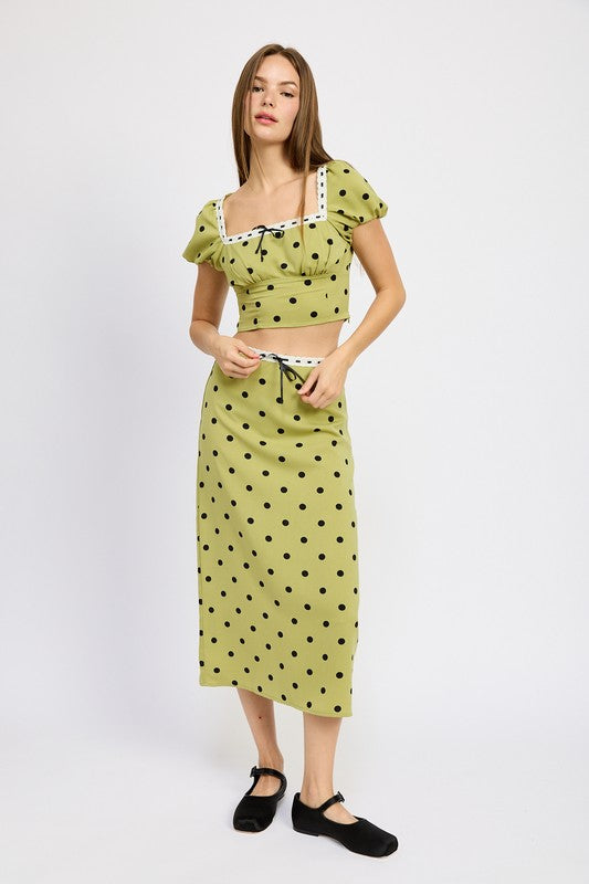 POLKA DOT MIDI SKIRT WITH LACE TRIM OLIVE POLKA DOT by Emory Park | Fleurcouture