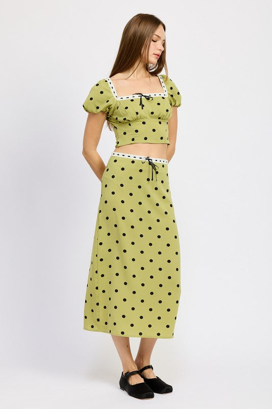 POLKA DOT MIDI SKIRT WITH LACE TRIM OLIVE POLKA DOT by Emory Park | Fleurcouture