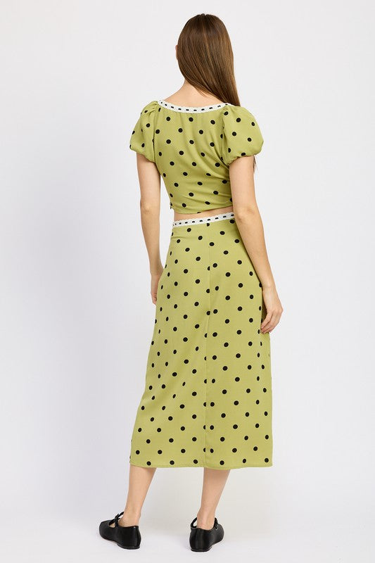 POLKA DOT MIDI SKIRT WITH LACE TRIM OLIVE POLKA DOT by Emory Park | Fleurcouture