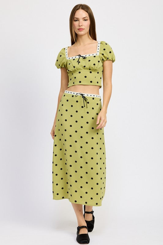 POLKA DOT MIDI SKIRT WITH LACE TRIM OLIVE POLKA DOT S by Emory Park | Fleurcouture