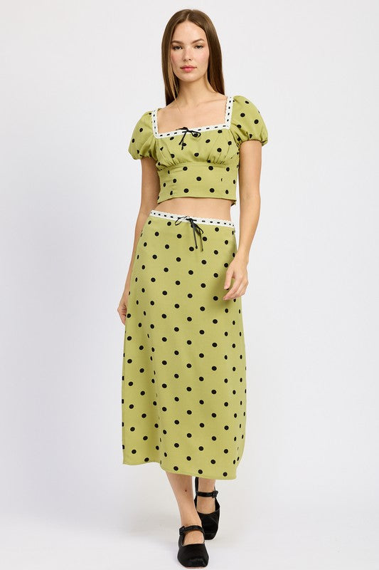 POLKA DOT MIDI SKIRT WITH LACE TRIM OLIVE POLKA DOT S by Emory Park | Fleurcouture