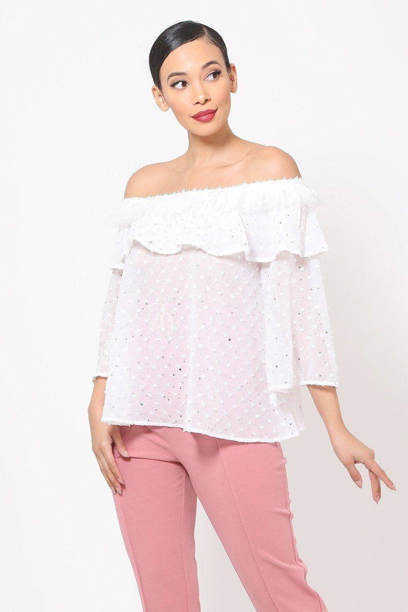 Polka Dot Sheer Off Shoulder Top by Fleurcouture | Fleurcouture