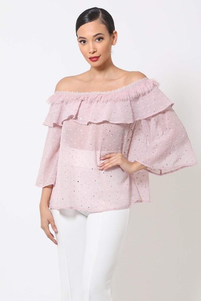 Polka Dot Sheer Off Shoulder Top by Fleurcouture | Fleurcouture