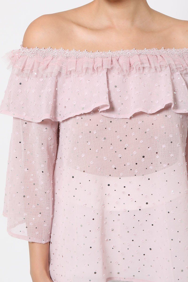 Polka Dot Sheer Off Shoulder Top by Fleurcouture | Fleurcouture