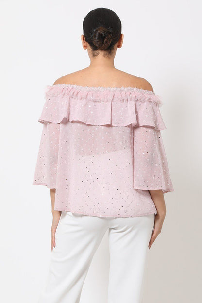 Polka Dot Sheer Off Shoulder Top by Fleurcouture | Fleurcouture