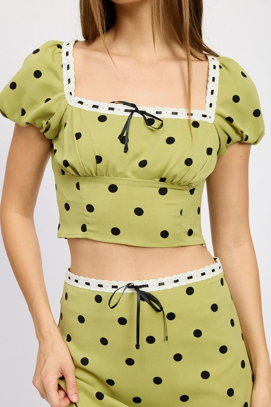 POLKA DOT TOP WITH LACE TRIM OLIVE POLKA DOT by Emory Park | Fleurcouture