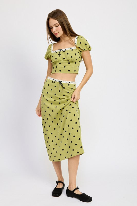 POLKA DOT TOP WITH LACE TRIM OLIVE POLKA DOT by Emory Park | Fleurcouture