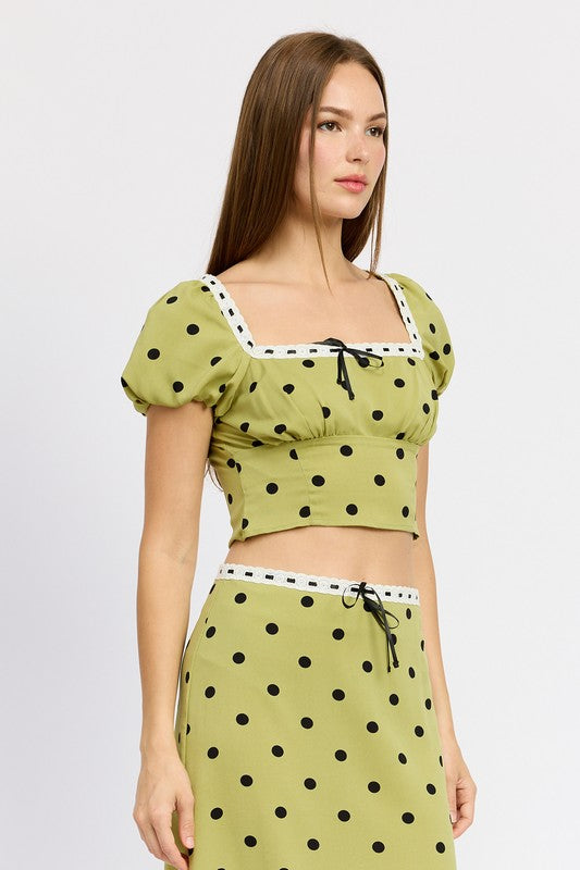 POLKA DOT TOP WITH LACE TRIM OLIVE POLKA DOT by Emory Park | Fleurcouture