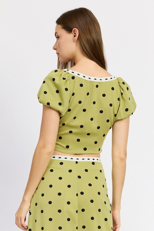 POLKA DOT TOP WITH LACE TRIM OLIVE POLKA DOT by Emory Park | Fleurcouture