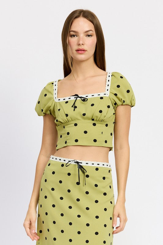 POLKA DOT TOP WITH LACE TRIM OLIVE POLKA DOT S by Emory Park | Fleurcouture