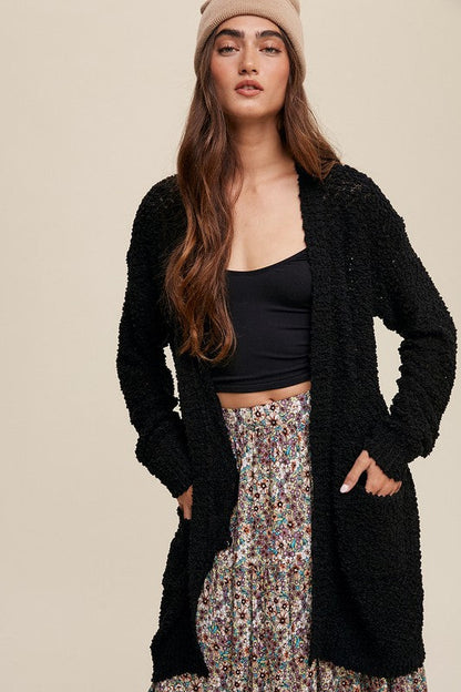 Popcorn Open Knit Cardigan Sweater Black S by Listicle | Fleurcouture