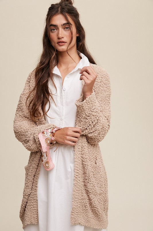 Popcorn Open Knit Cardigan Sweater Champagne S by Listicle | Fleurcouture