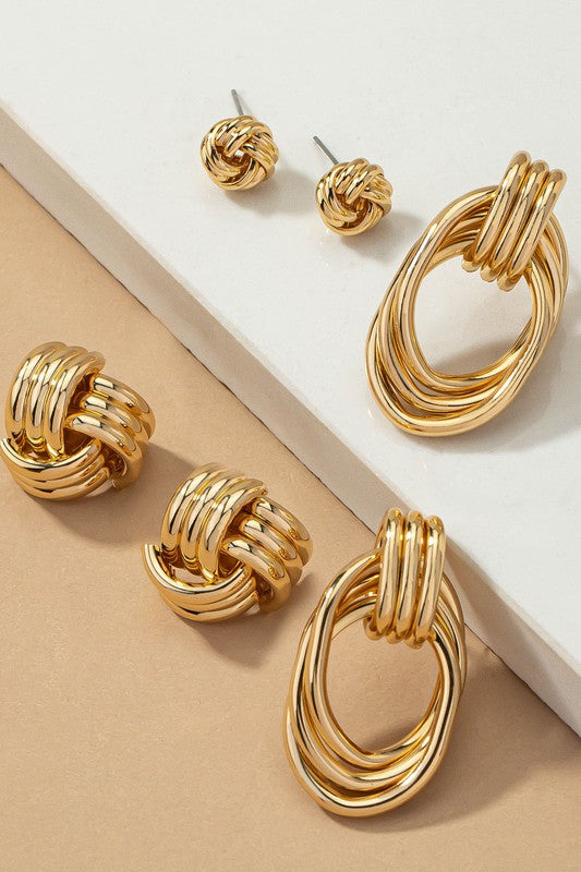 Premium Trio Metal Knot and Hoop Earrings Gold one size Accessories by LA3accessories | Fleurcouture