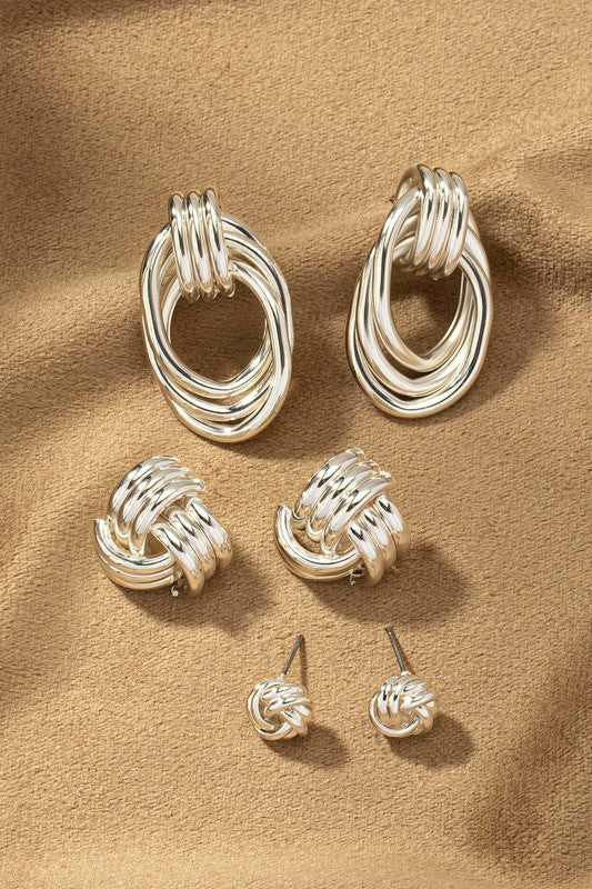 Premium Trio Metal Knot and Hoop Earrings SILVER one size Accessories by LA3accessories | Fleurcouture