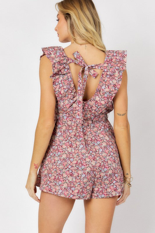 Printed Button Down V-Neck Mini Romper Berry by Davi &amp; Dani | Fleurcouture