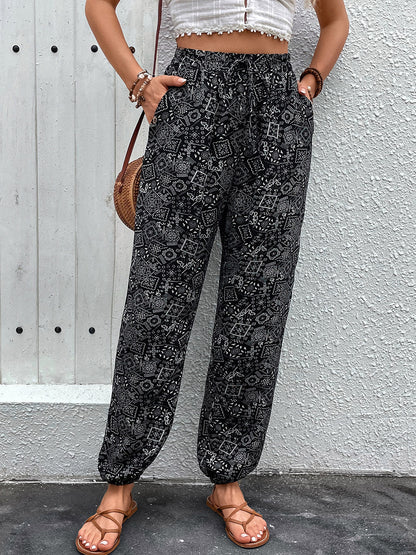 Printed High Waist Pants Black Pants by Trendsi | Fleurcouture