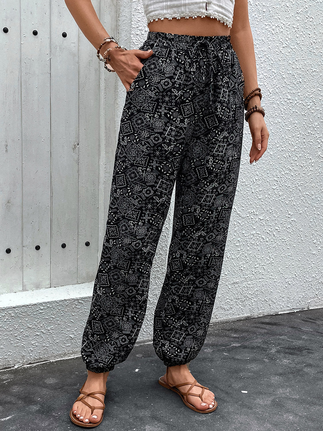 Printed High Waist Pants Black Pants by Trendsi | Fleurcouture