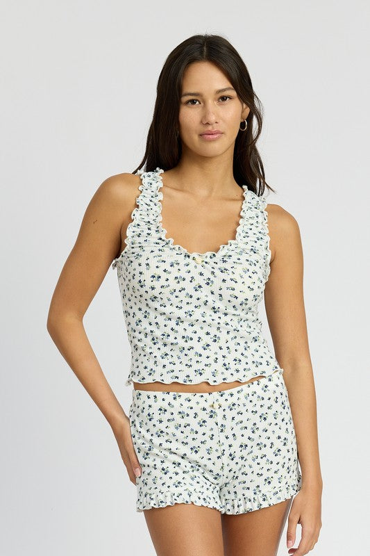PRINTED KNIT TANK TOP WITH RUFFLE BLUE WHITE S by Emory Park | Fleurcouture