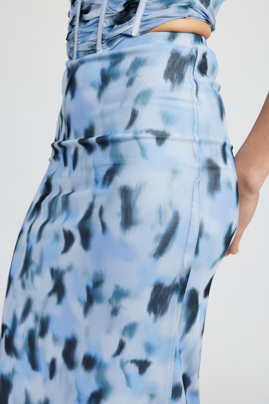 PRINTED MESH MAXI SKIRT BLUE COMBO by Emory Park | Fleurcouture